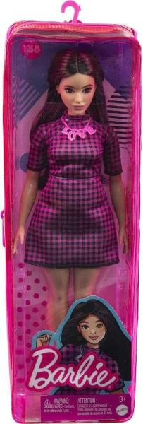Barbie Fashionistas Capelli Neri Vestito a Quadri Rosa e Neri, Barbie, Mattel